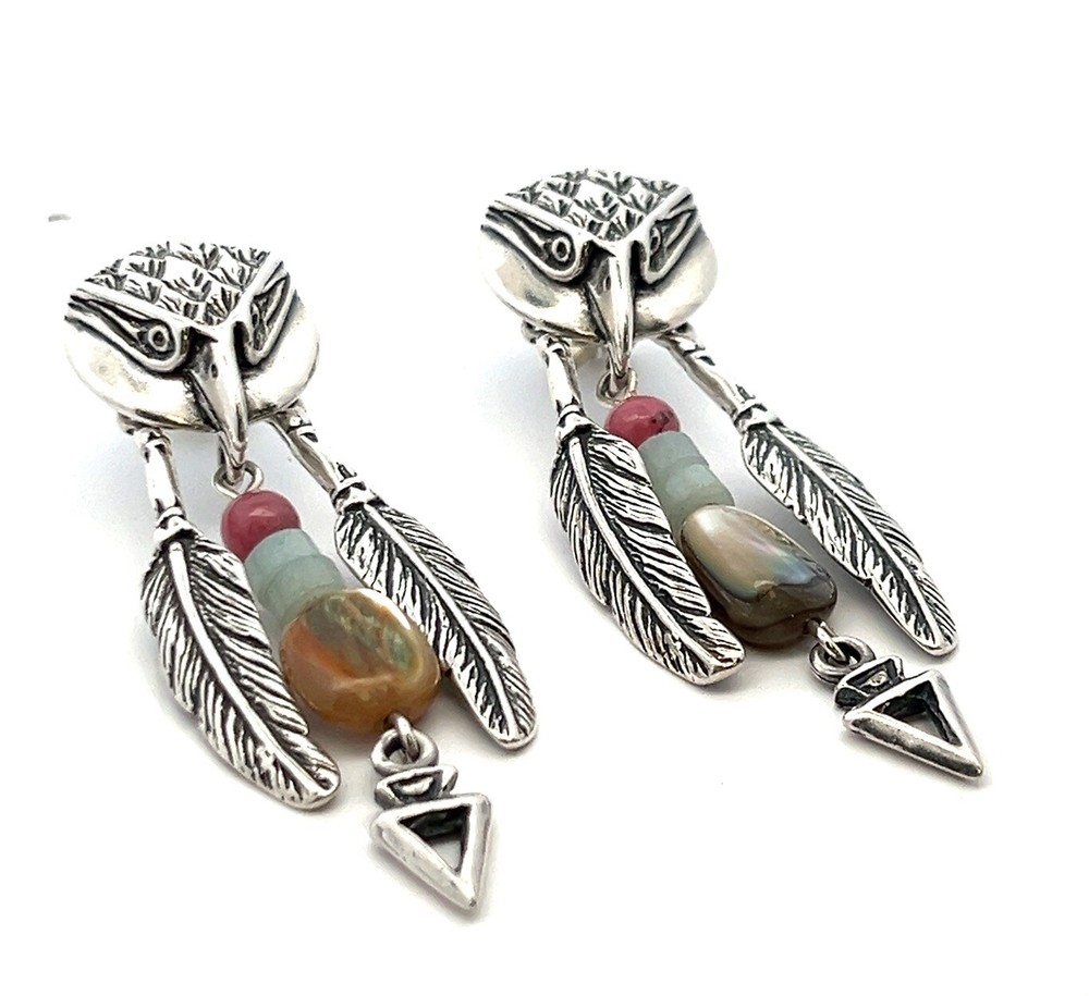 Designer Signed Eagle Raven Dangle Gemstone Feather Earrings 925 Sterling Silver