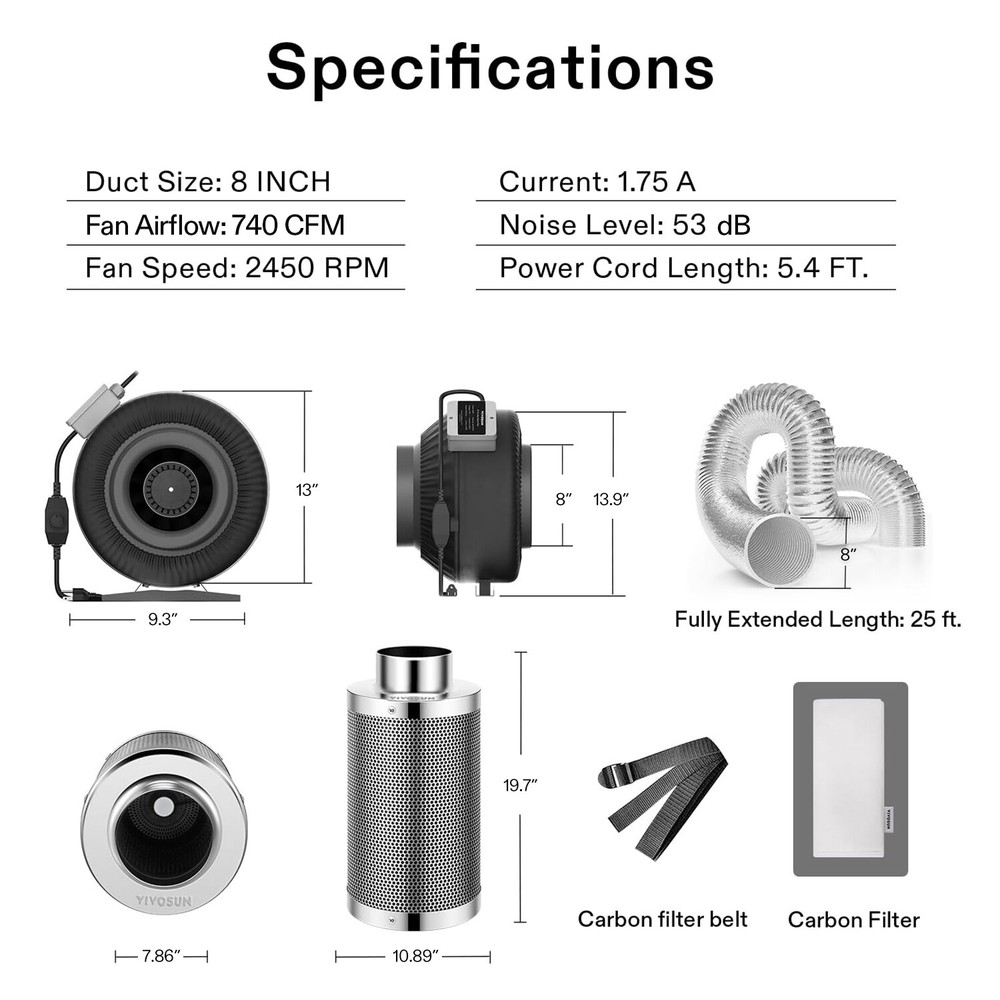 VIVOSUN 8" 740CFM Inline Fan Kit w/ 25ft Ducting & Speed Controller