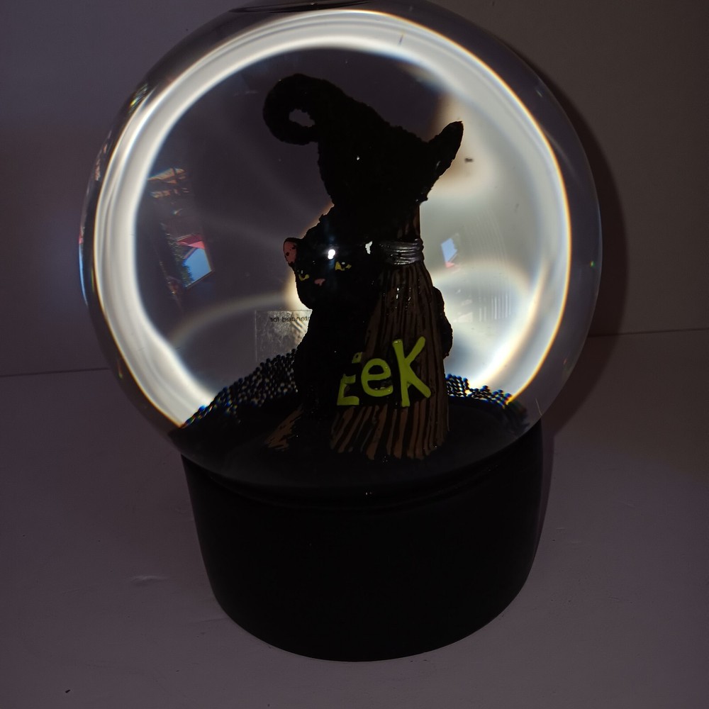 Halloween, Candy Corn Lane Snow Globe With Black Snow, Witch & Cat. "EEK"...