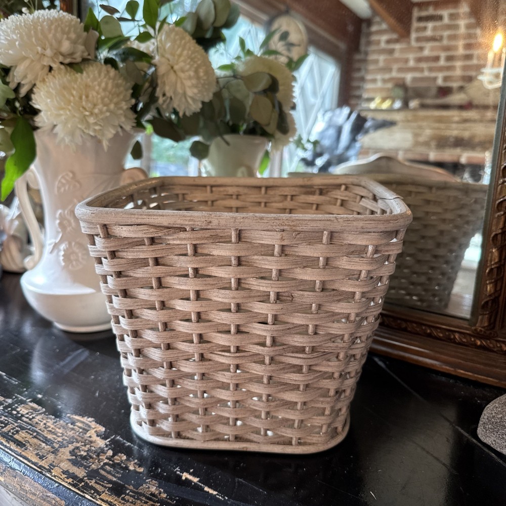 Vintage Boho Chic  White Wicker Square Basket