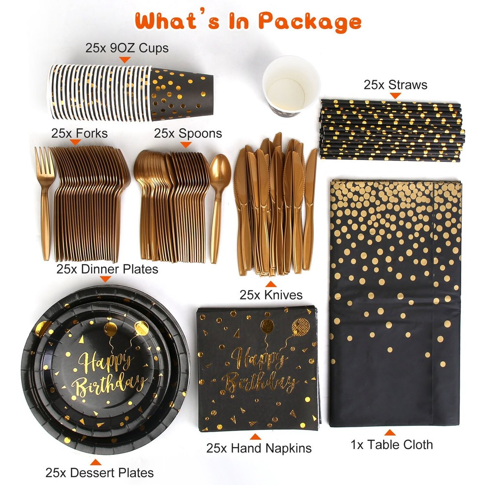 Disposable Dinnerware Set (25 Guests) Plastic Plates Cups Fork for Party Wedding