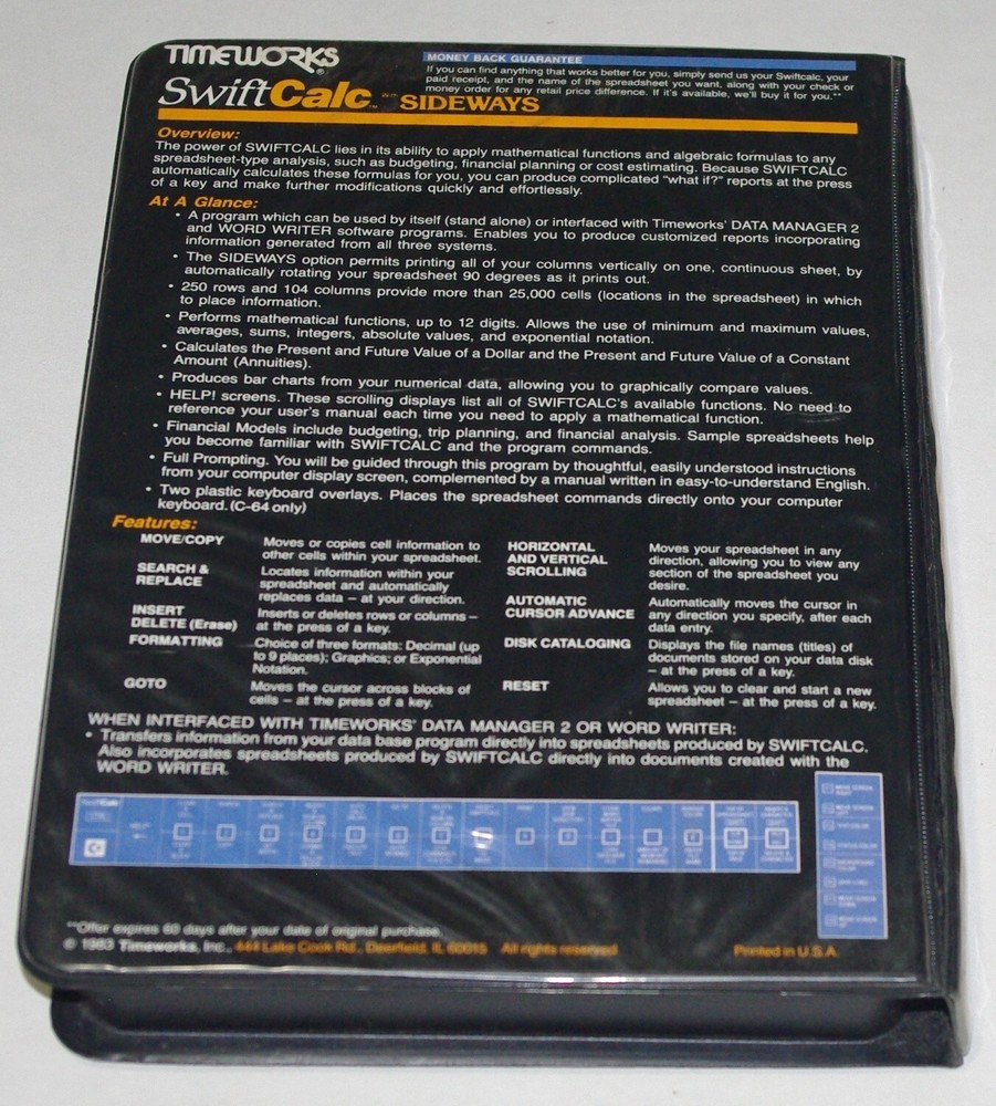 SWIFT CALC by TIMEWORKS spreadsheet C64 Disc software. 1983 excellent