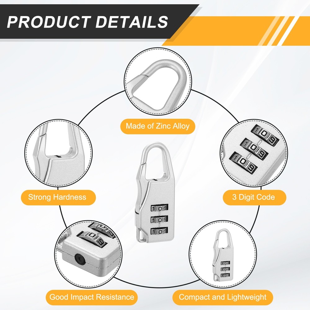 3Pcs Resettable 3 Digit Combination Lock Code Padlock, Silver (55 x 21mm)