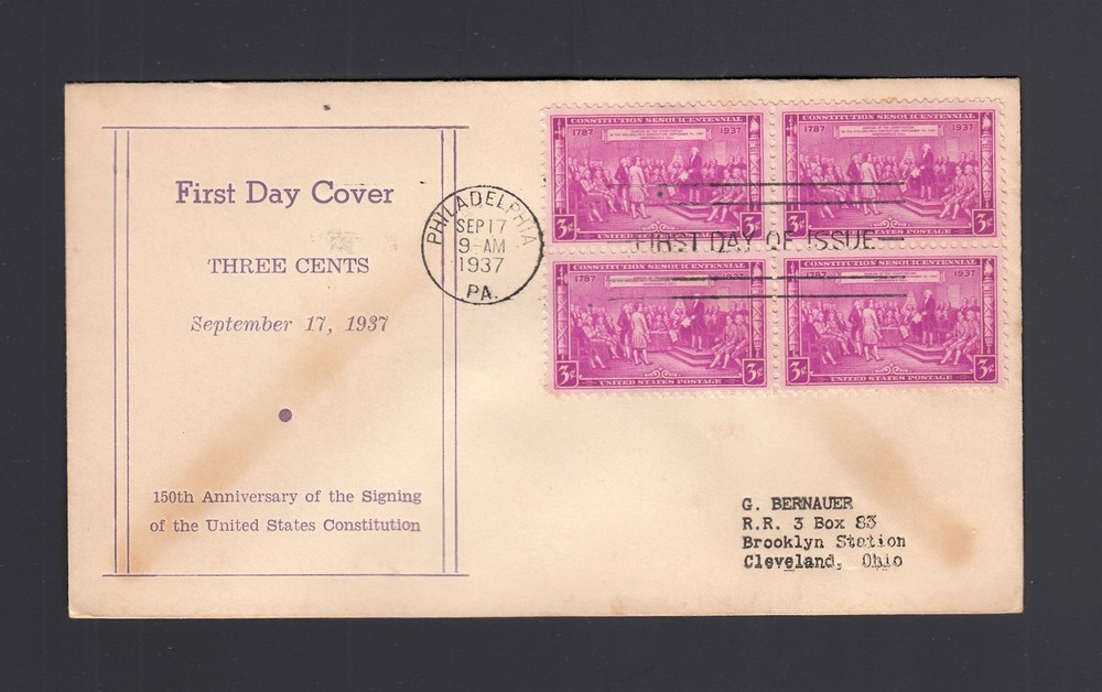 FDC: #798 1937 3c Constitution - BERNAUER Cachet