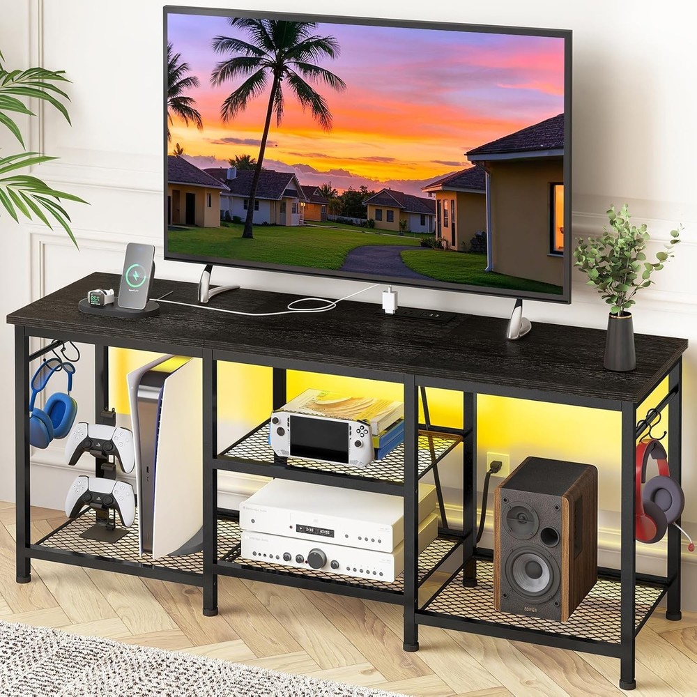 Versatile Black TV Console with LED Lights & Large Open Storage for Media
