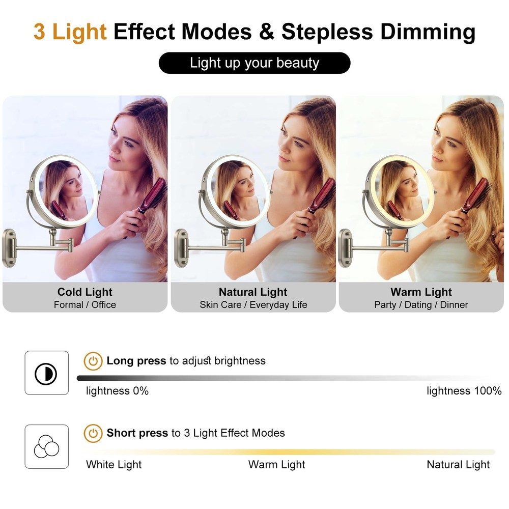9" Wall Mounted Lighted Makeup Mirror,4000mAh Rechargeable Double Sided 1X/10...