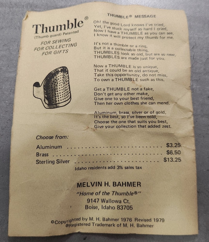 Vintage Thumble - (Thumb Guard) 1976 Pre-Owned Excellent Condition