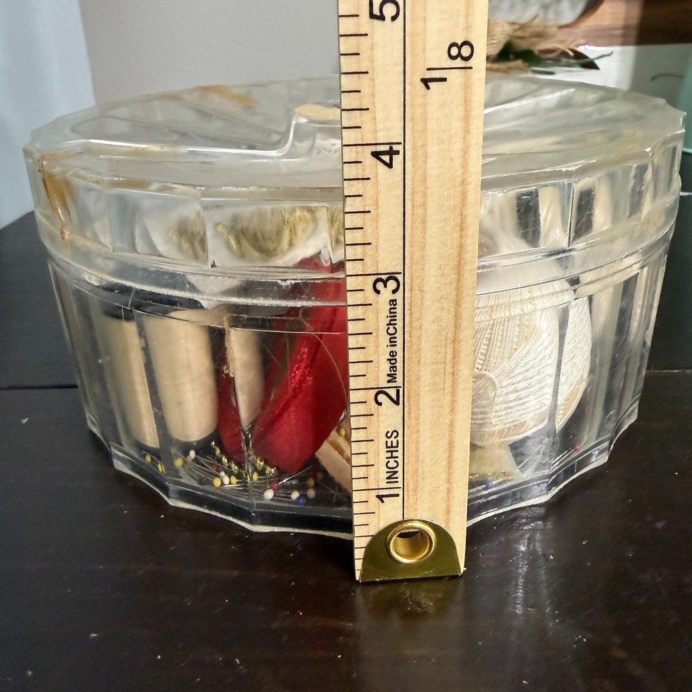 Vintage Clear Plastic Round Sewing Box Caddy Thread Bobbins Notions Organizing