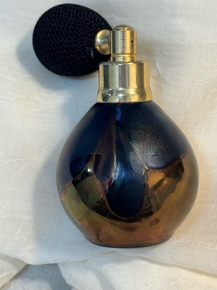 Studio Iridized Blown Glass Perfume Bottle w/Black Puffer Artist Signed & Dated