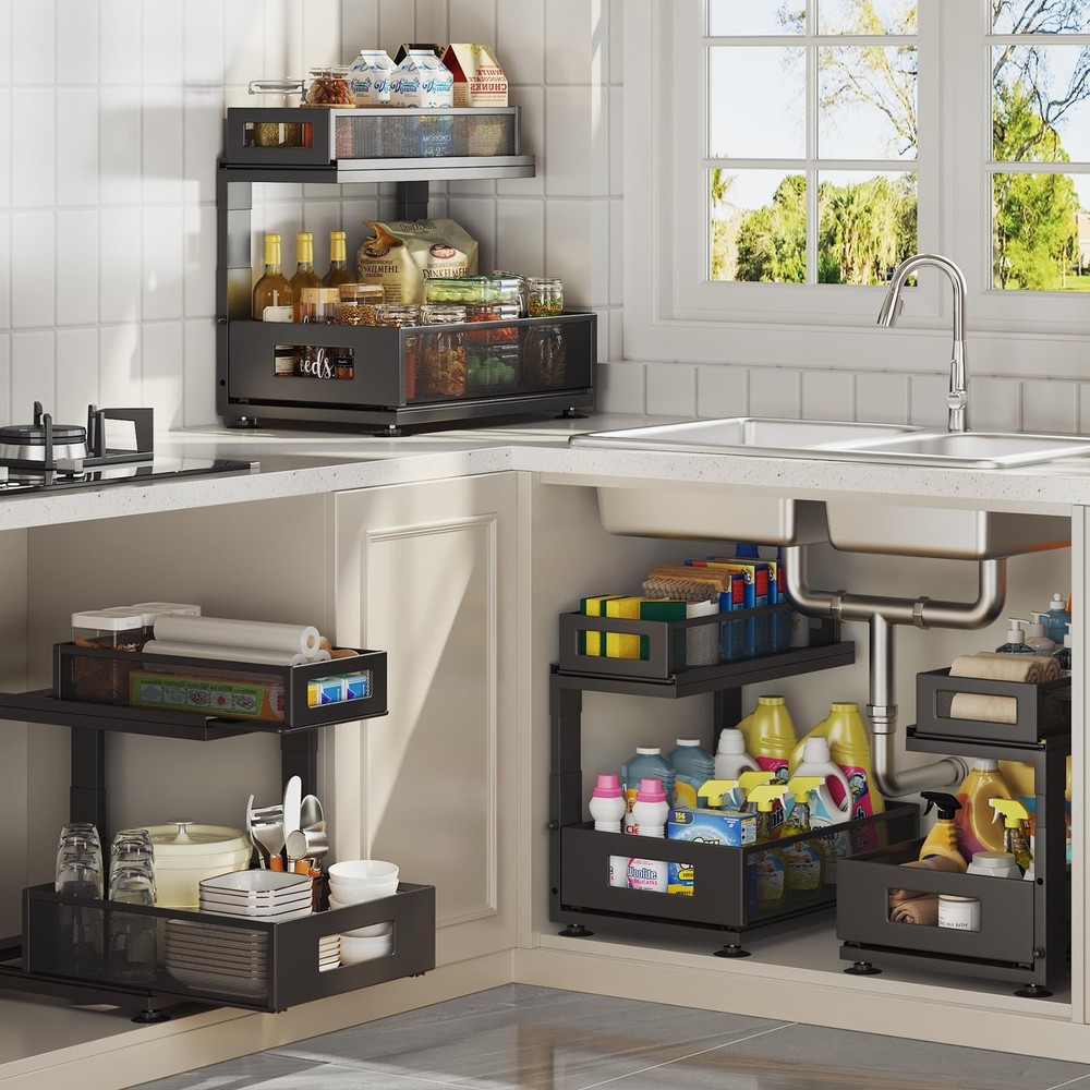 2 Pack Under Sink Organizer with Next-Gen Ball-Bearing Slides,2-Tier Pull Out...