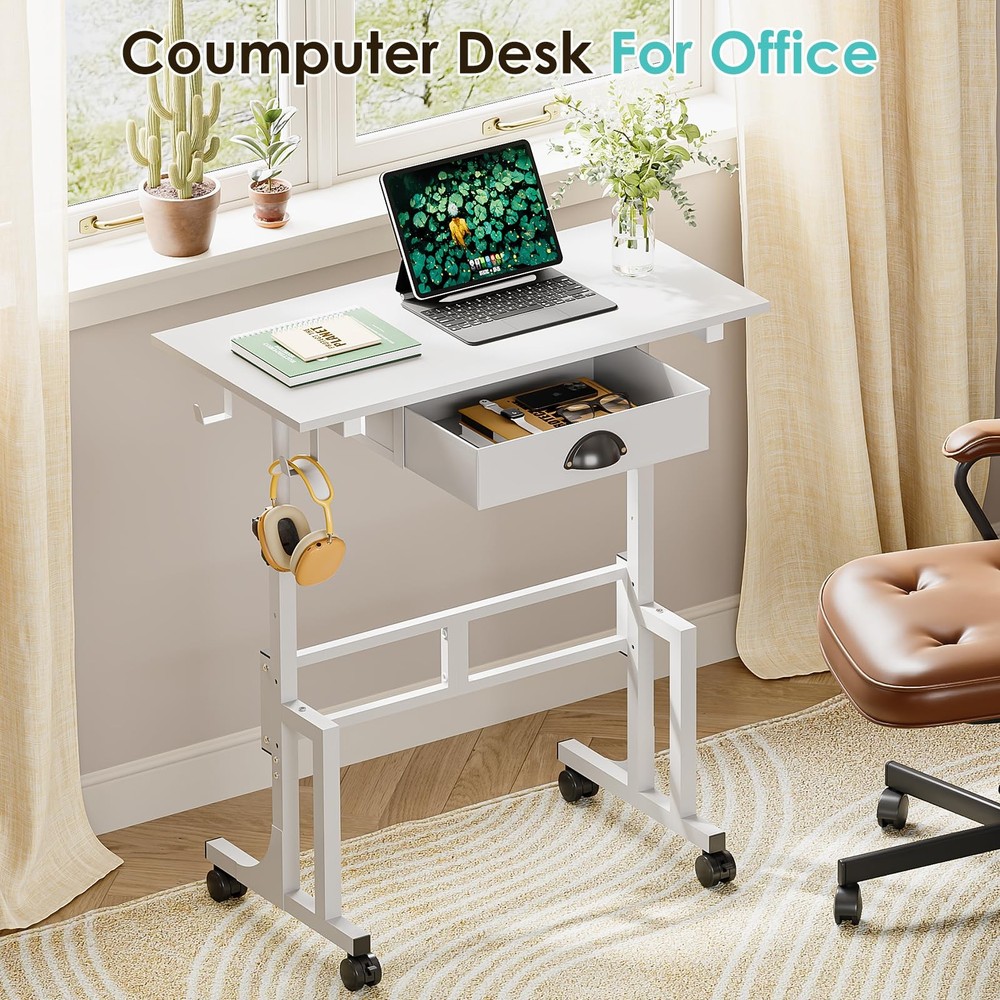 Small White Standing Computer Desk with Drawers,Height Adjustable Home Office Si