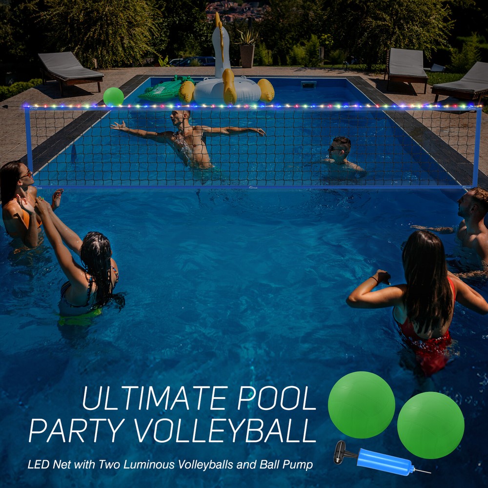 Pool Volleyball Net Set with Light and Weighted Base 15ft-32ft Length Adjustable