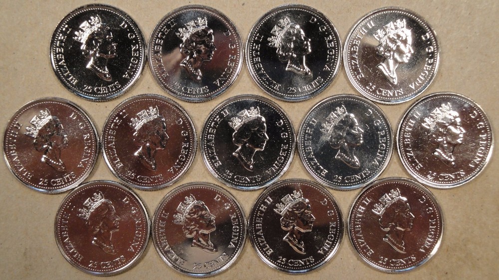 Canada 13 Different 1999-2000 Millenium Twenty-Five Cents PL as Pictured