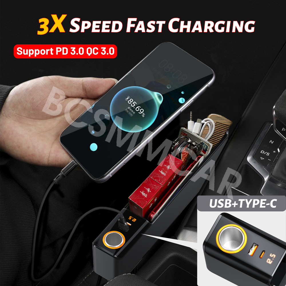 Car Storage Box Organizer Rechargeable Phone Charger Cigarette Lighter Socket