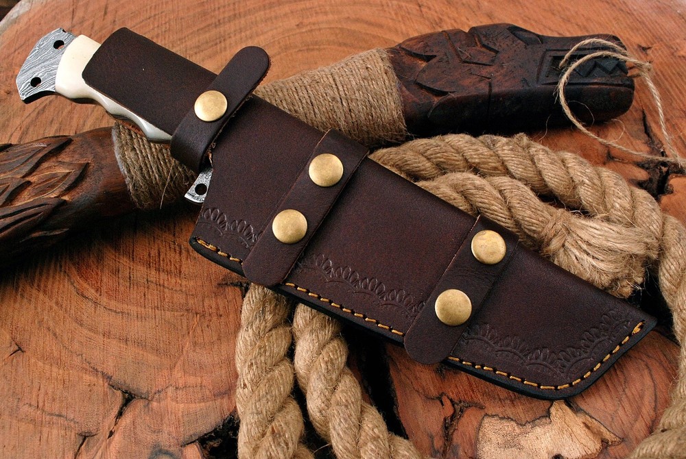 TACTICAL SURVIVAL Hunting FIXED BLADE DAMASCUS KNIFE TRACKER Camel Bone Handle