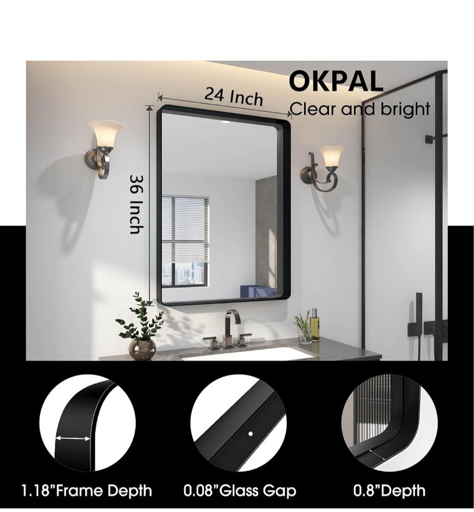 OKPAL Black Bathroom Mirror for Wall, 24x36 Inch Rectangular Black Metal Framed