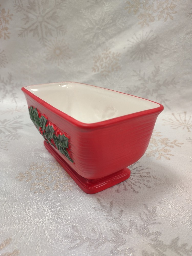 Lefton Exclusives Japan Christmas Planter Red Rectangular Holly Accents 7170