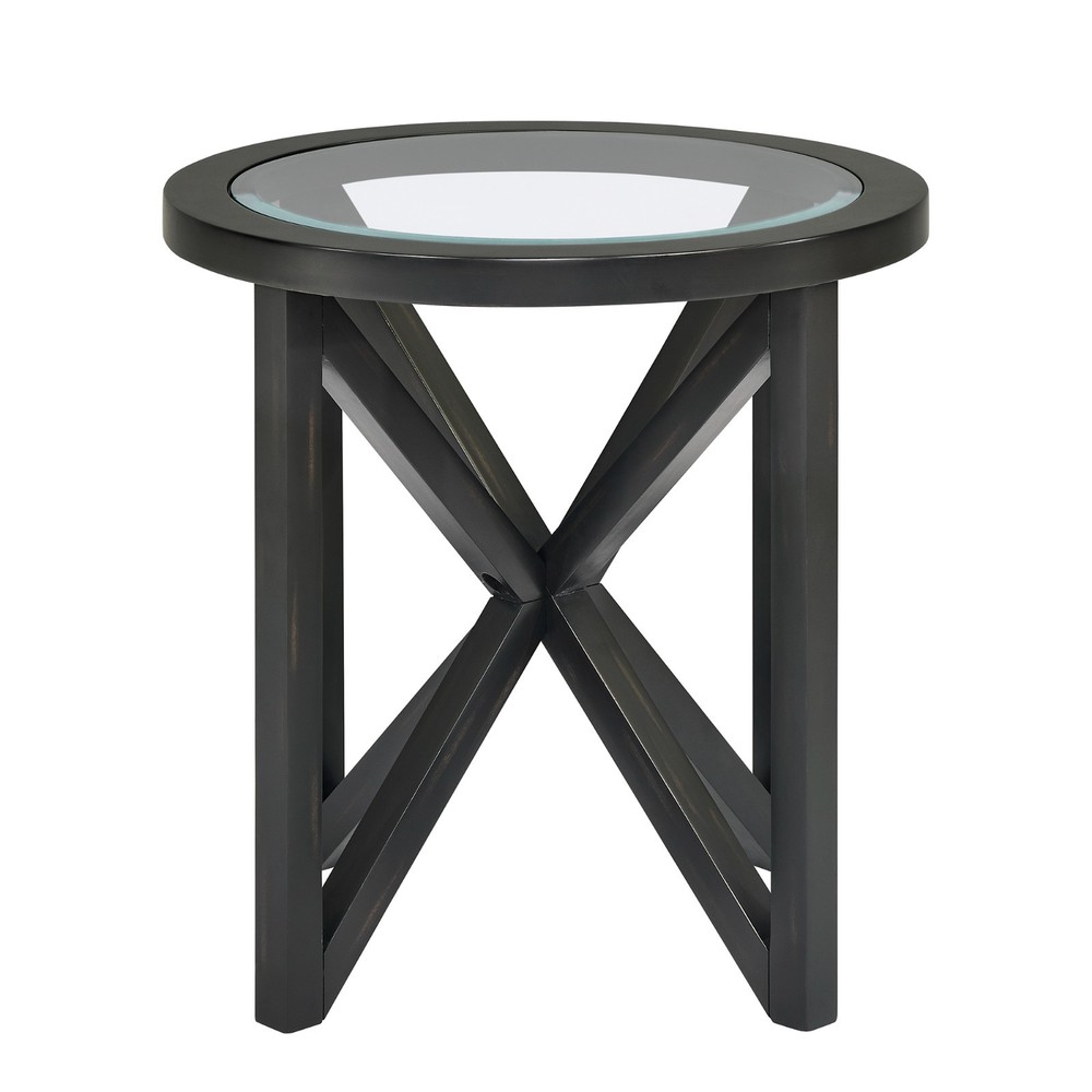 Modern Glass Coffee Table - Tempered Round Top, Solid Wood Base