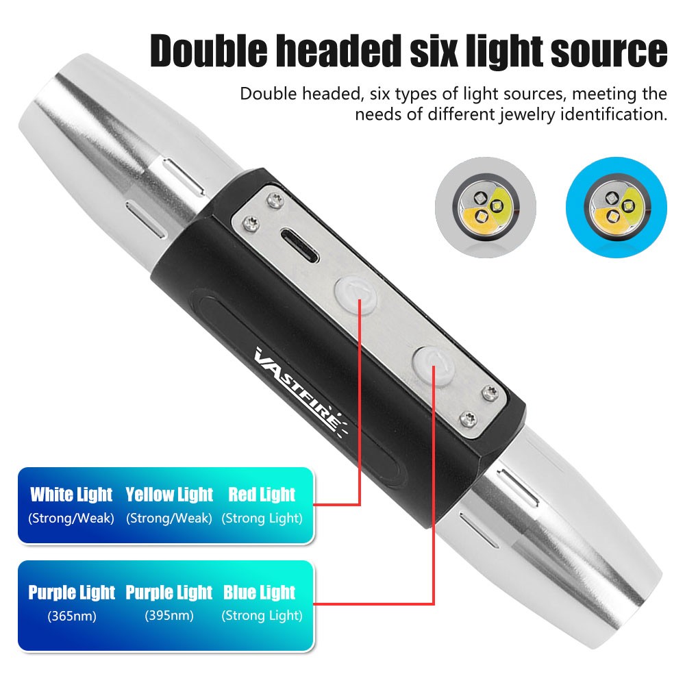 White Yellow BLUE UV Light Work LED Flashlight Torch Gemologist Tool USB Chargin