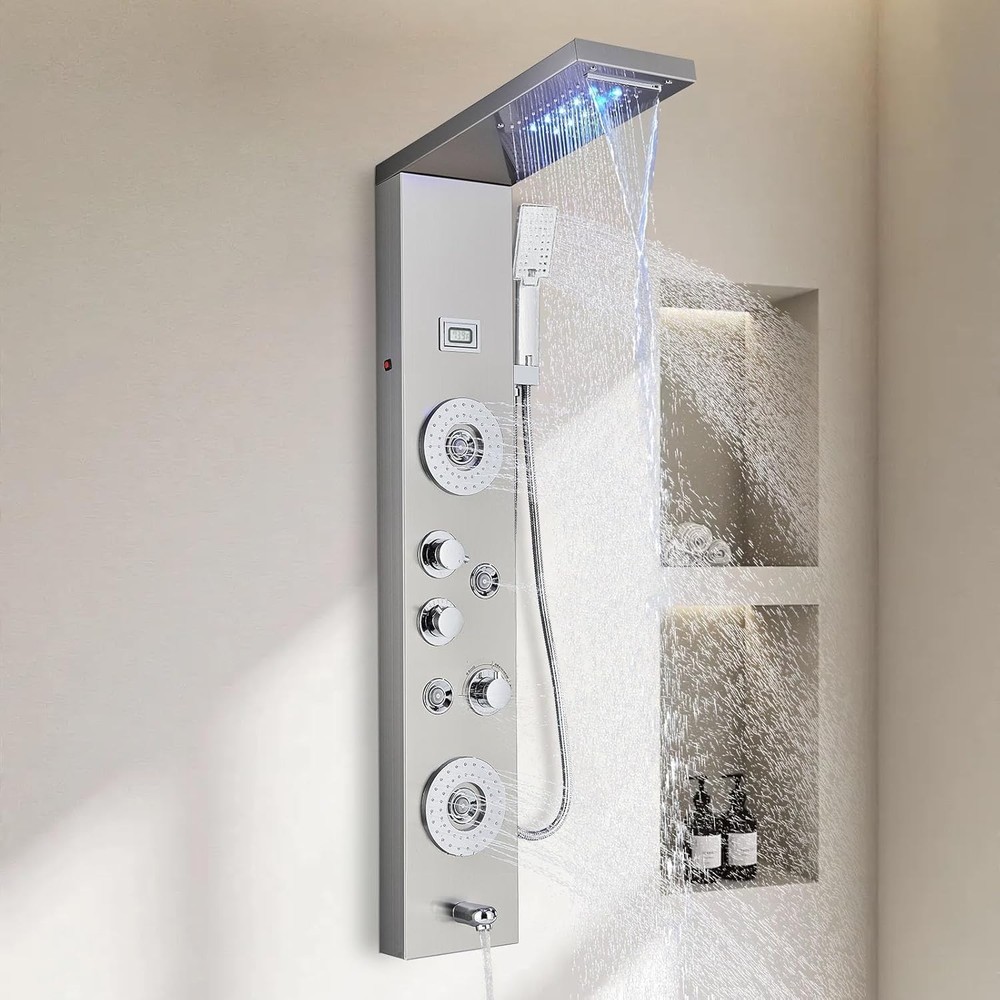 Stainless Steel 6-Function Shower Tower with Handheld & Temperature Display