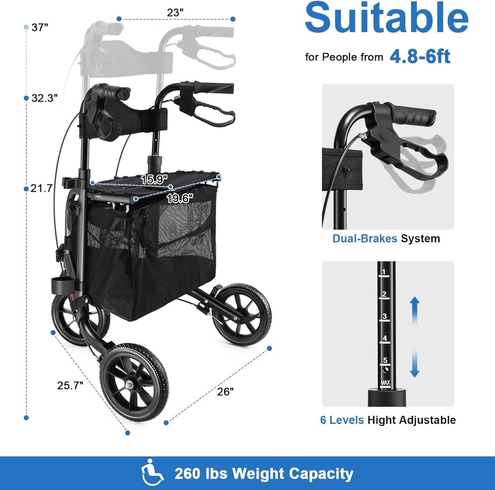 WALK MATE 3 Wheels Rollator Walker 10Lb Seat Backrest Lightweight Foldable