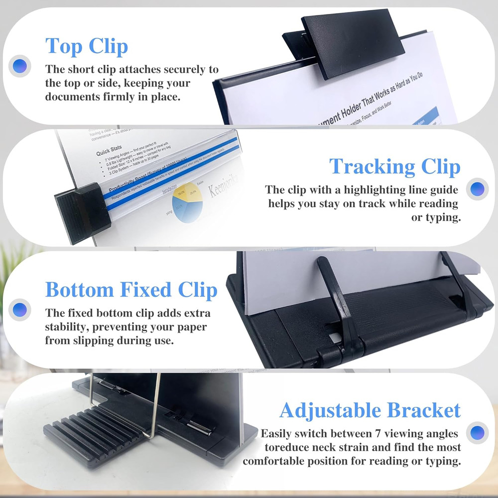 Desktop Document Book Holder with 7 Adjustable Positions, Black Document Holder