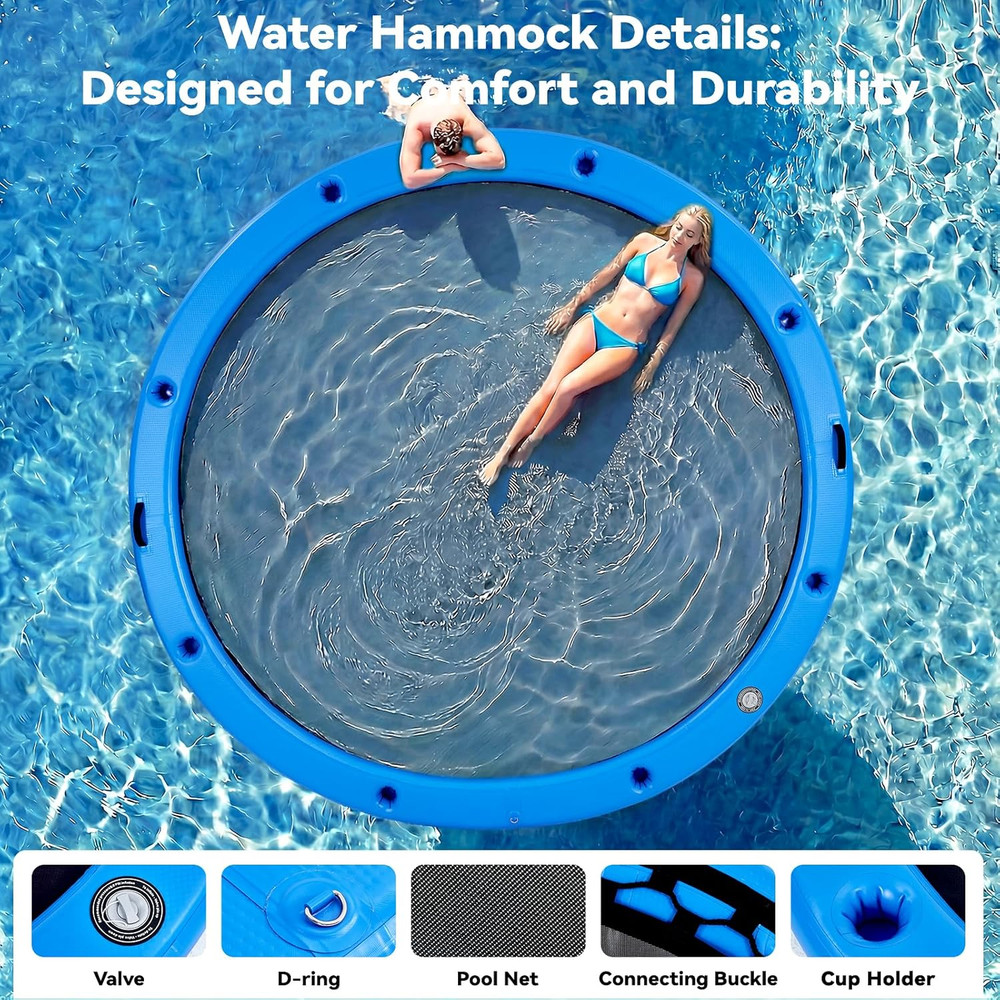 Round Inflatable Floating Dock, Sunchill Float Ring, Hammock Tanning Pool with W