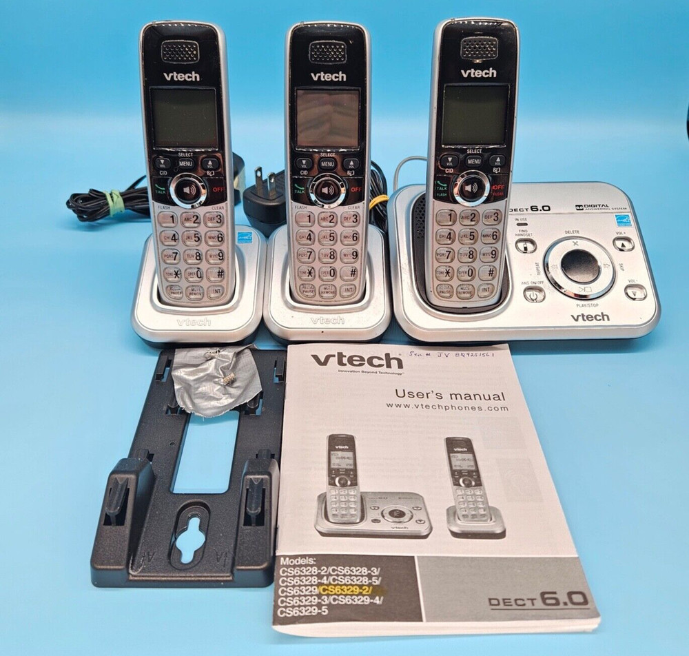 VTECH Cordless Phone Set w/ Answering Machine CS6329-2 Base Silver DECT 6.0 6V