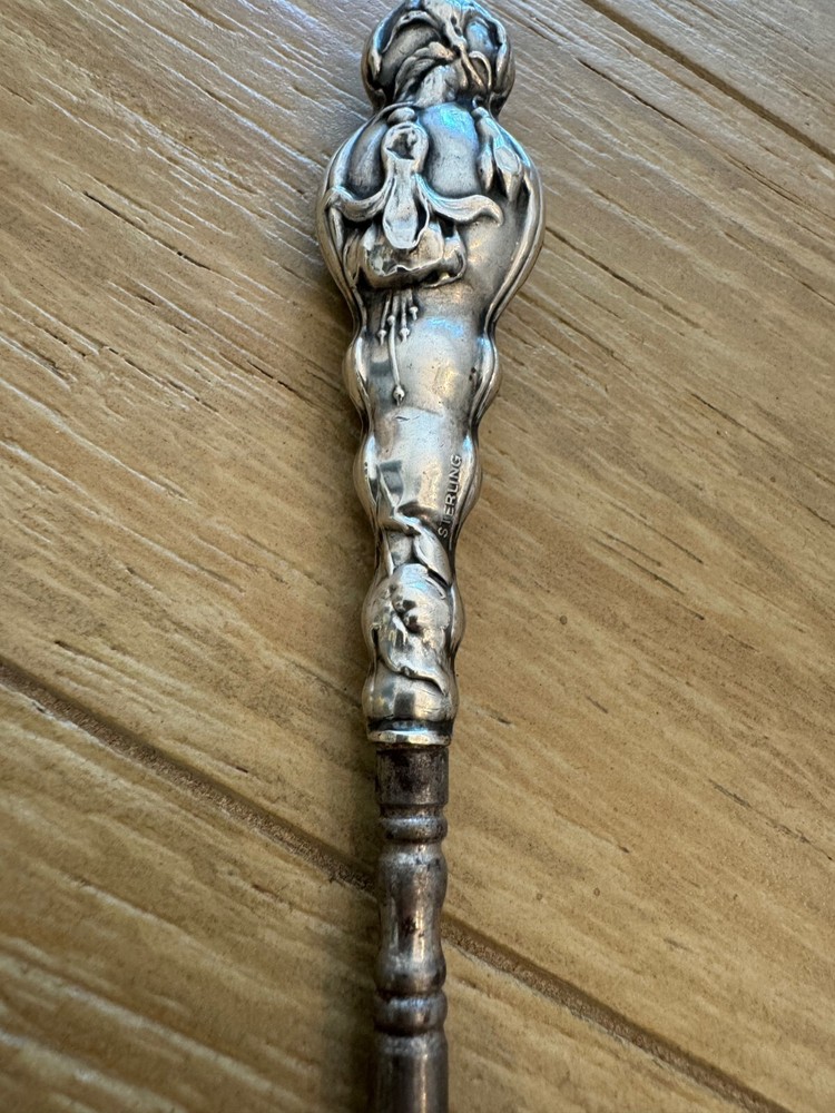 Antique Sterling Silver Handle Button Hook w/ Dangling / Hanging Flower Design
