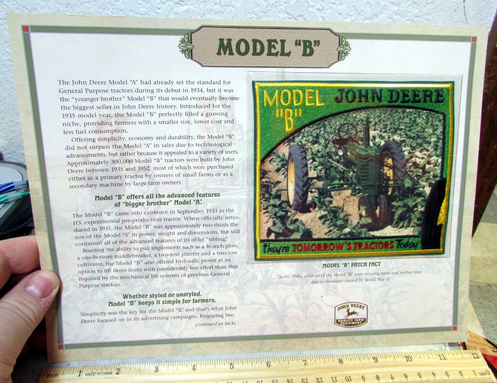 John Deere Model B large Patch & information sheet, nice collectible set