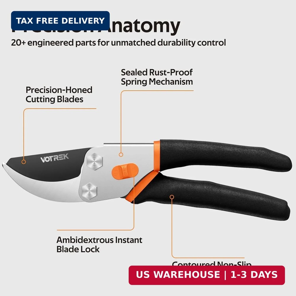 VOTREK® Pruning Shears, 8.5" Professional Garden Pruner with Jam-Proof Spring &