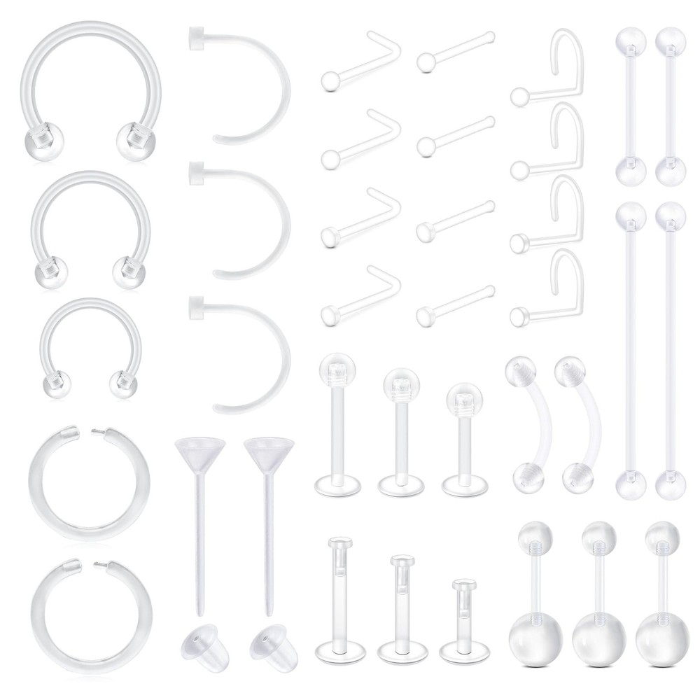 37PCS Clear Piercing Retainers For Work, Plastic Bioflex Nose Rings Studs Bel...