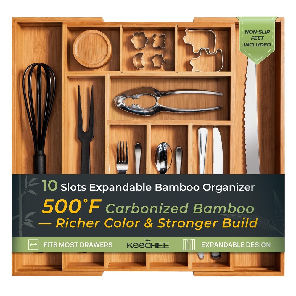 Carbonized Bamboo Kitchen Drawer Organizer, 10 Slots Expandable Silverware Or...