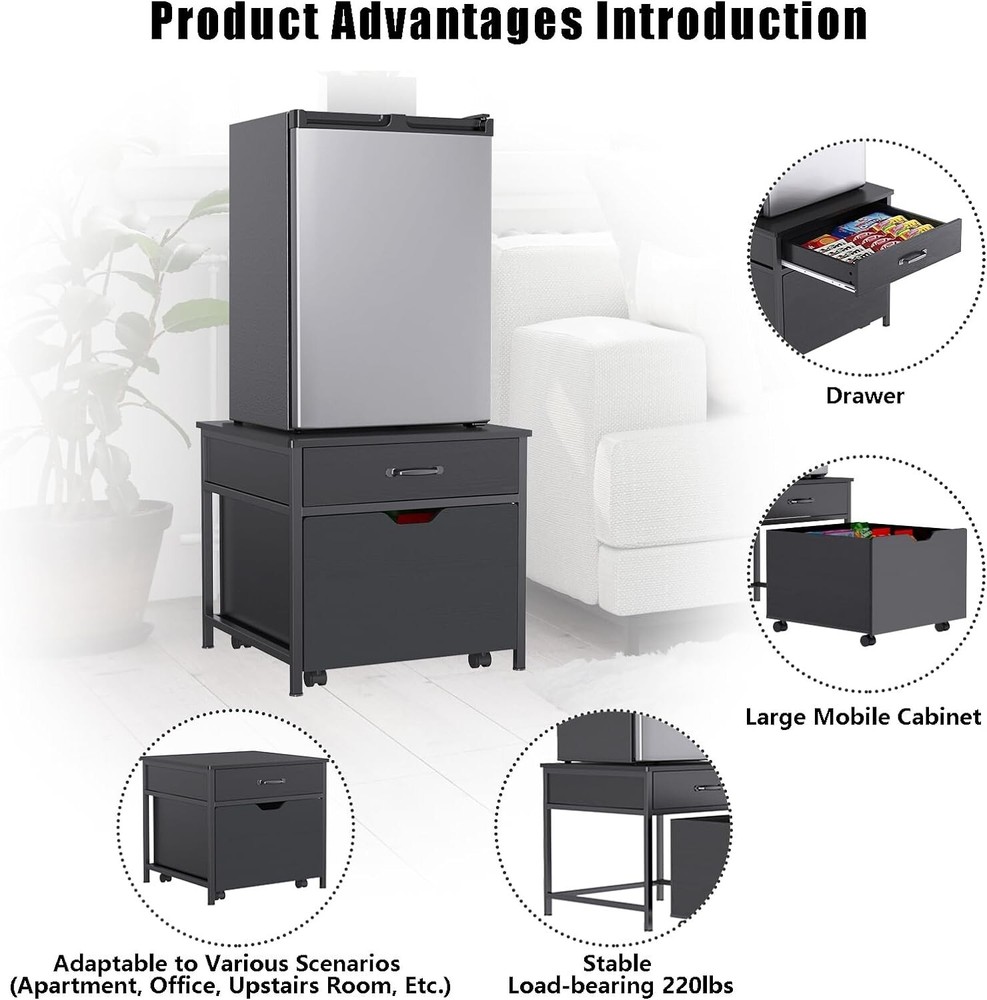 Mini Fridge Stand with Storage, Heavy Duty Fridge Table with Rolling Cabinet