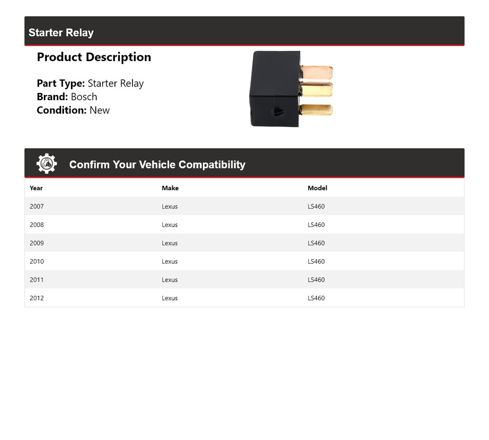 For 2007-2012 Lexus LS460 Bosch Starter Relay 2008 2009 2010 2011