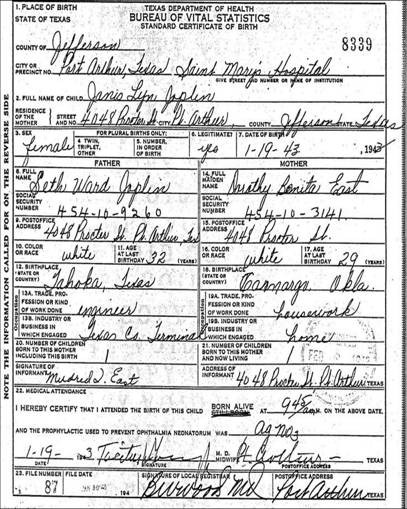 Janis Joplin Birth Certificate Reproduction