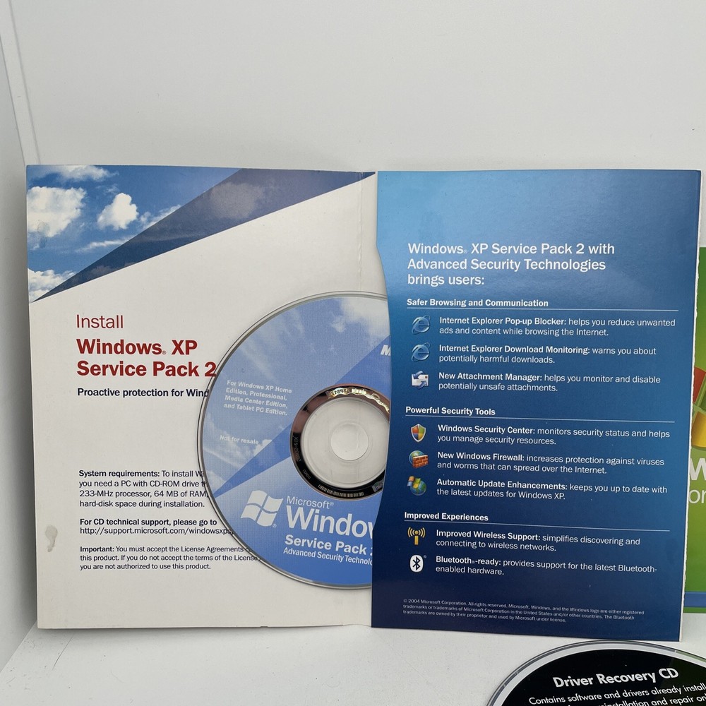 Vintage 2004 MS Windows XP Service Pack 2 Advanced Security Technologies CD + 5