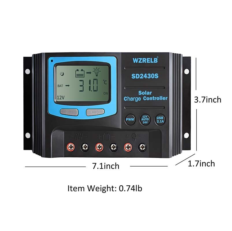 PWM Solar Panel Battery Charge LCD Controller 20A 12V/24VAuto Regulator Dual USB