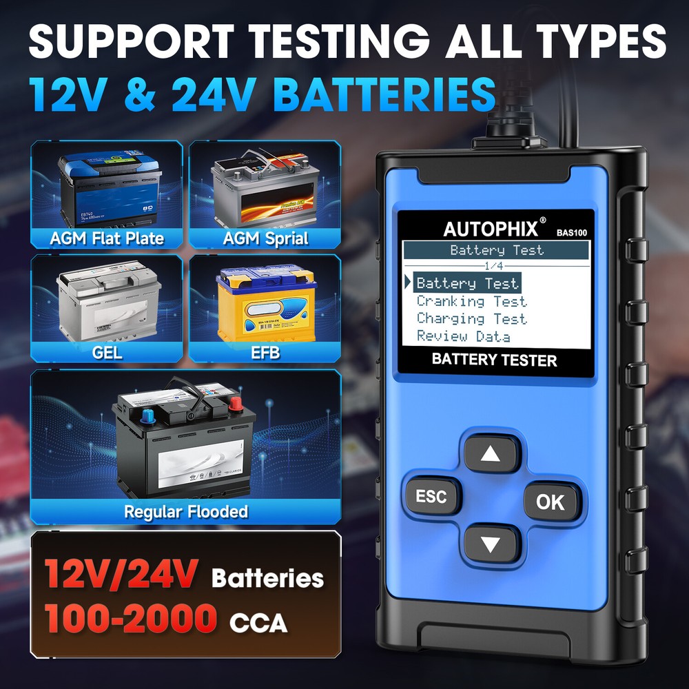 AUTOPHIX 12/24V Battery Tester BAS100 Car Charging Cranking System Analyzer Tool