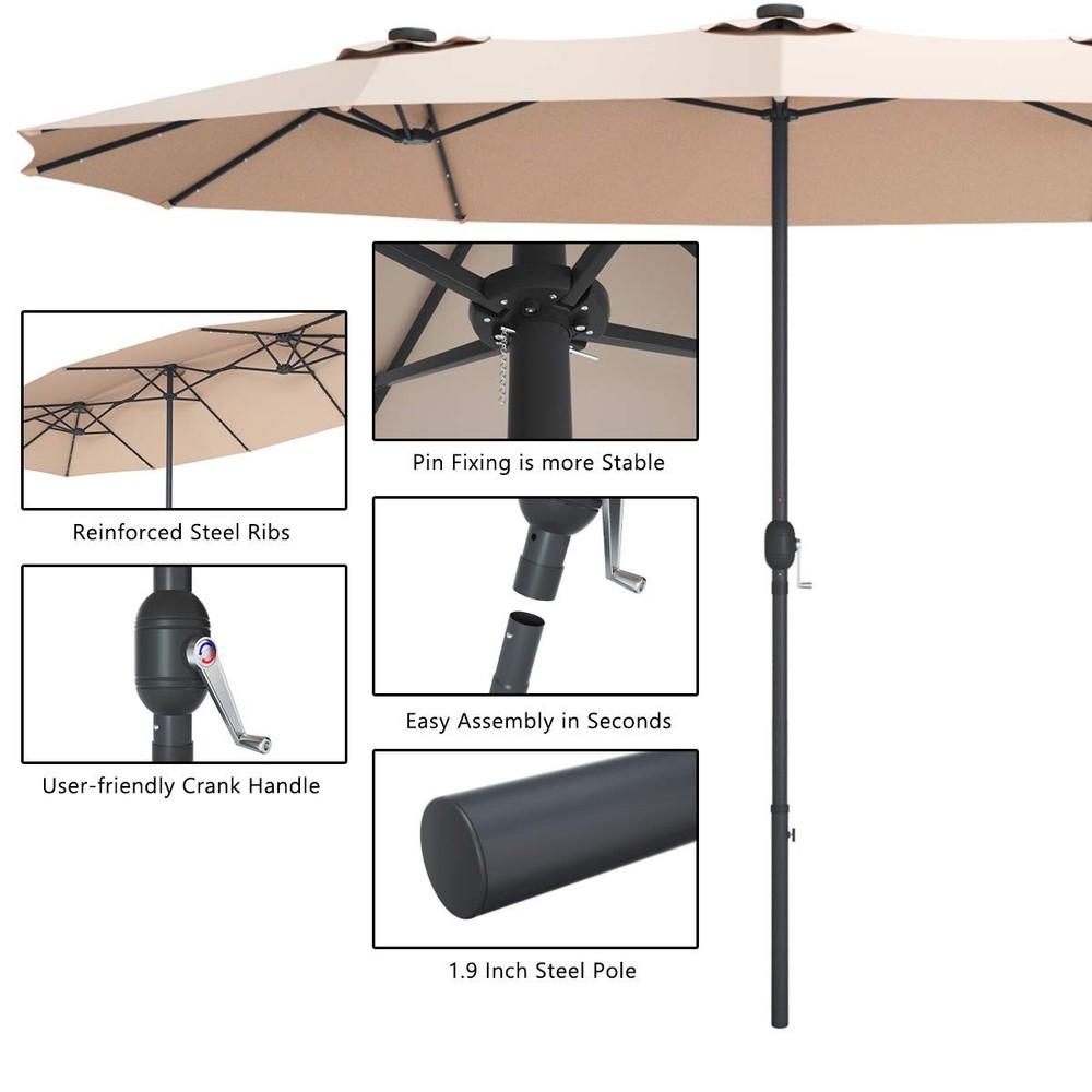15 Ft Double Sided Patio Umbrella with Solar Lights, Extra Large Rectangle Ou...