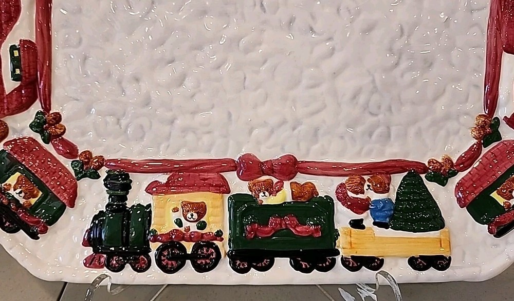North Pole Express 16" Rectangular Platter With Bear Riding Trains Design. New