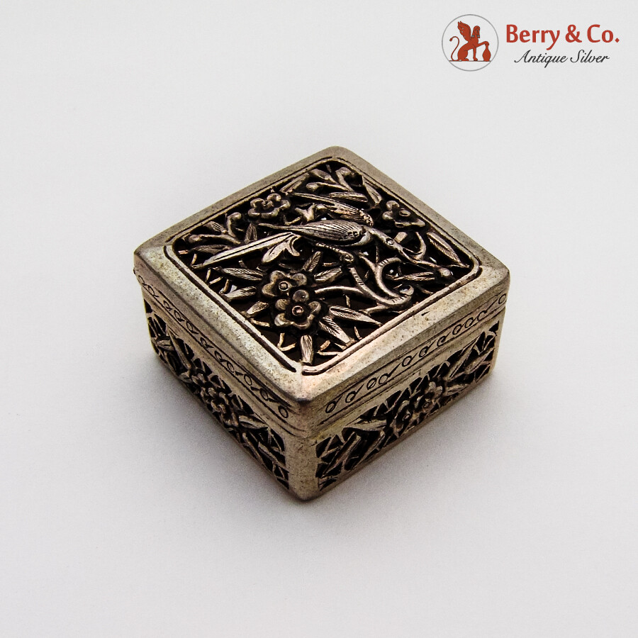 Openwork Floral Bird Pill Box Square Form Chinese Export Silver