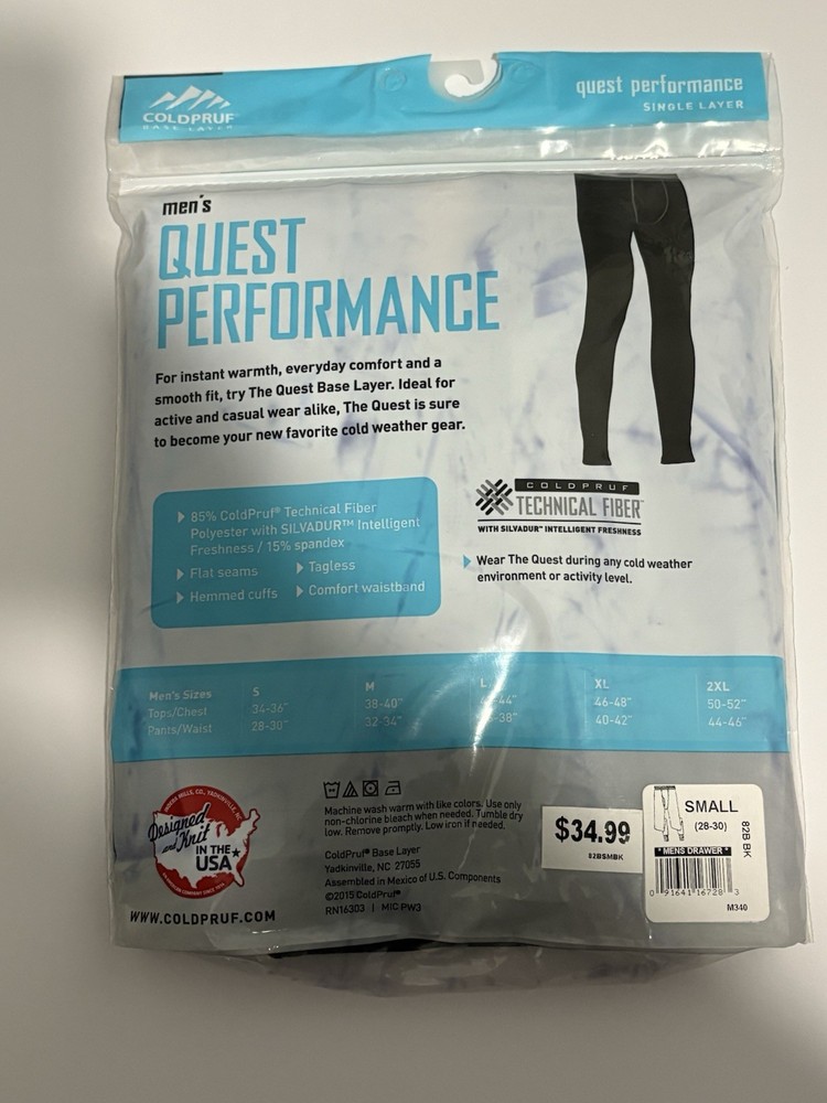 ColdPruf Men's Quest Performance Base Layer Pants Black, Small (28-30) NWT