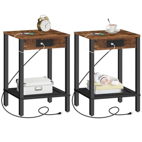 Side Table with Charging Station, Set of End Table with 2 Rustic Brown + Black