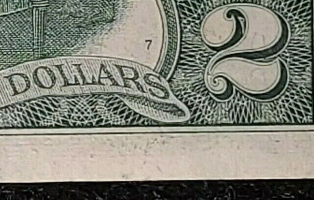 1976 $2 note alignment Shift over-inking error AU [almost uncirculated] folds