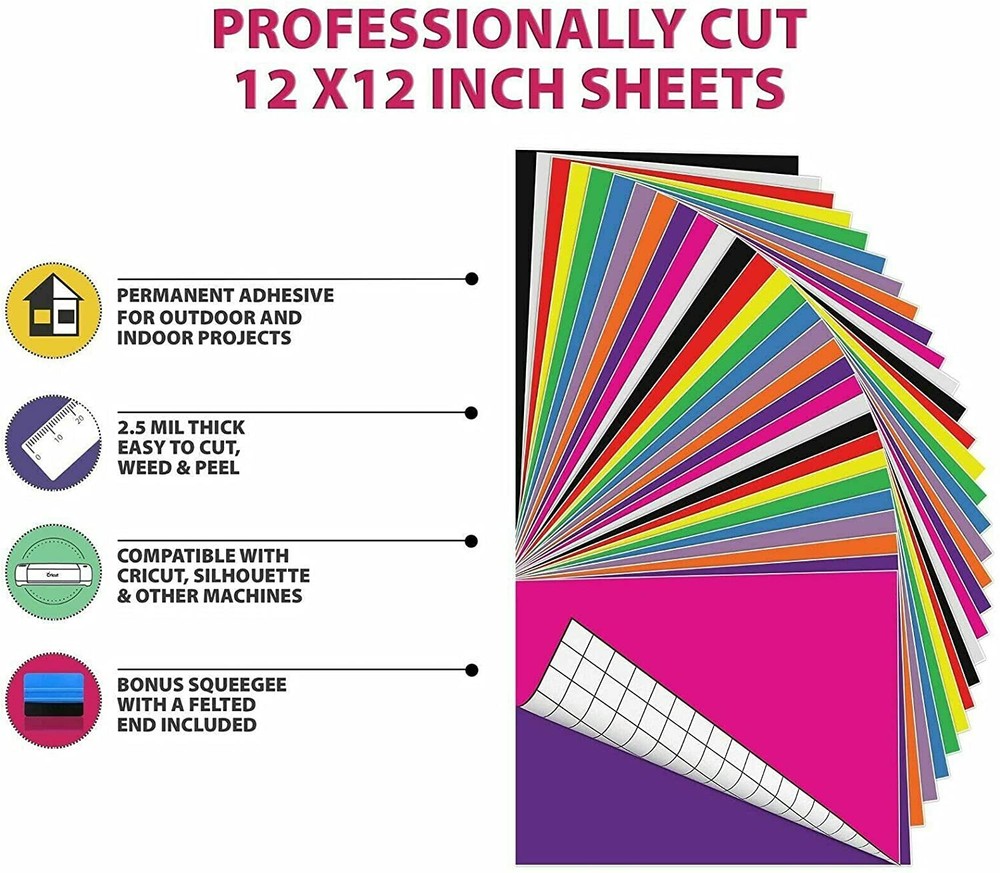 Permanent Vinyl Sheets (Pack of 60, 12” x 12”) Includes Squeegee