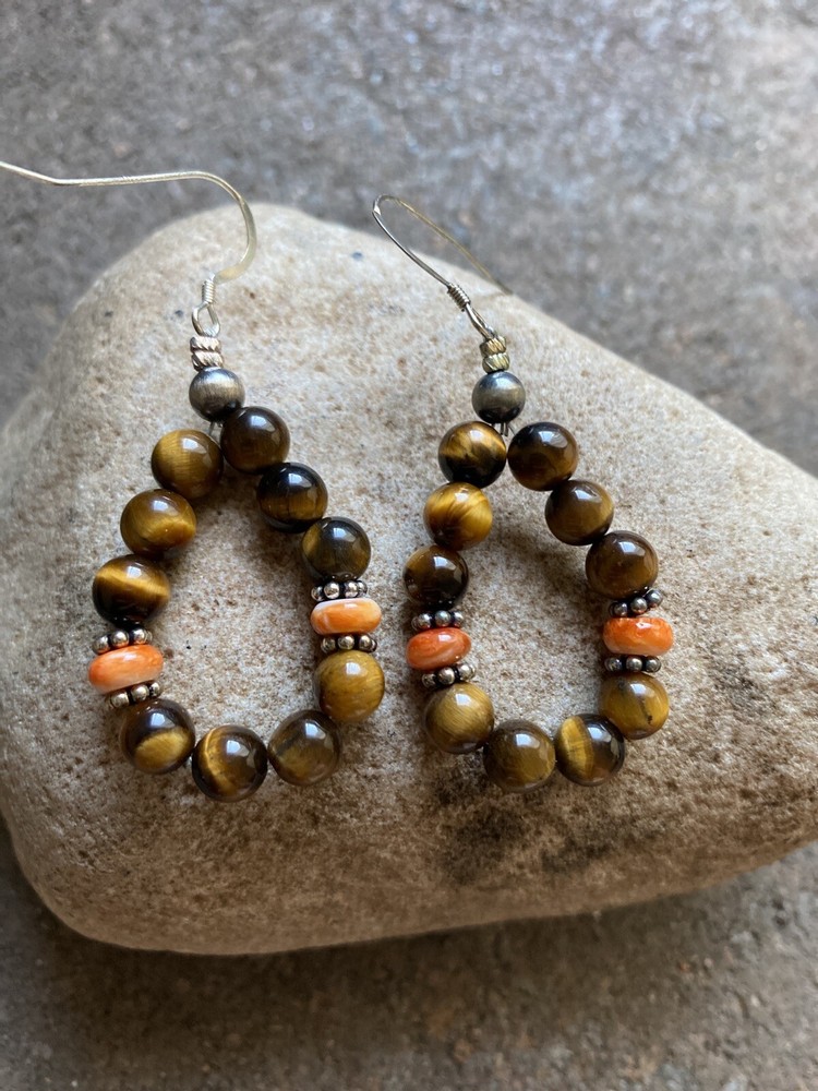 Sterling Silver Tiger’s Eye Spiny Oyster Bead Loop Earrings.
