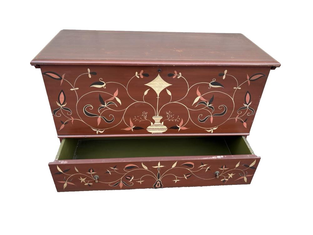 67230 Rustic Primitive Hamd Painted Blanket Storage Chest with Drawer