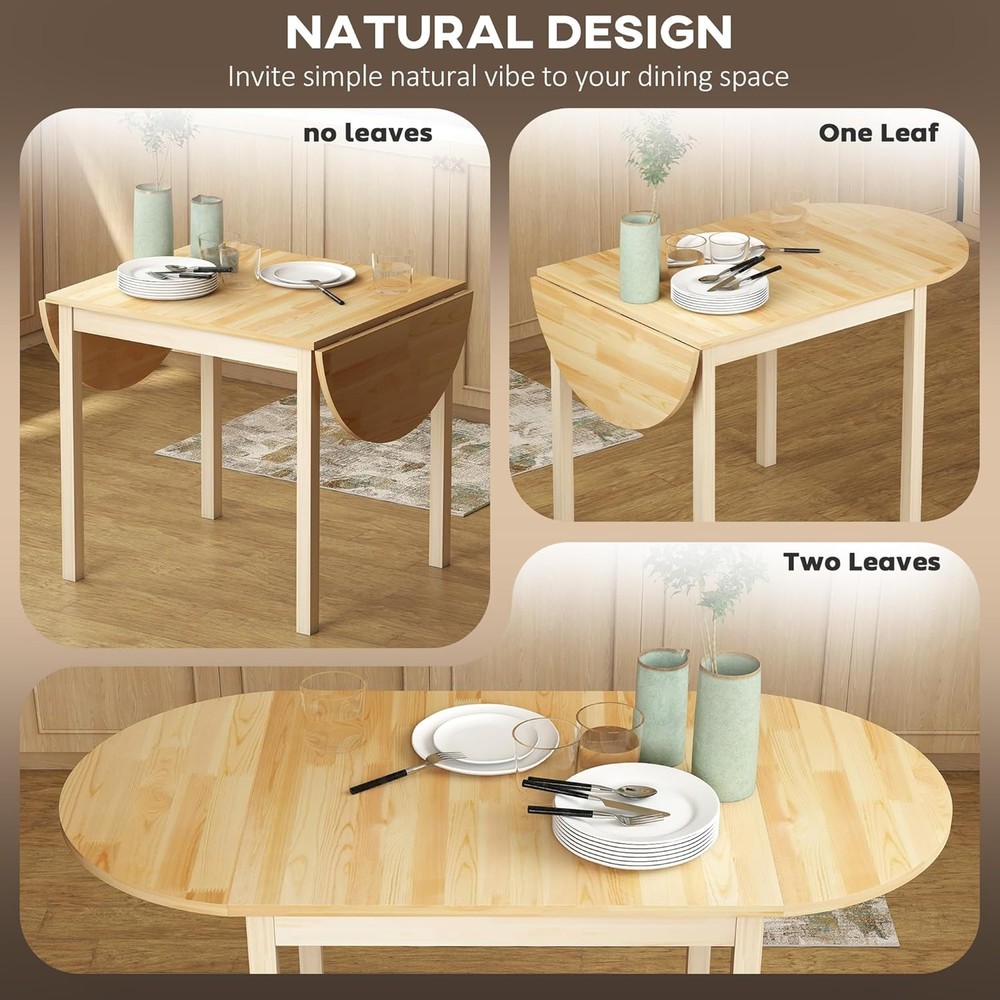 Solid Wood Folding Dining Table Drop Leaf Expandable Round Natural Small Spaces