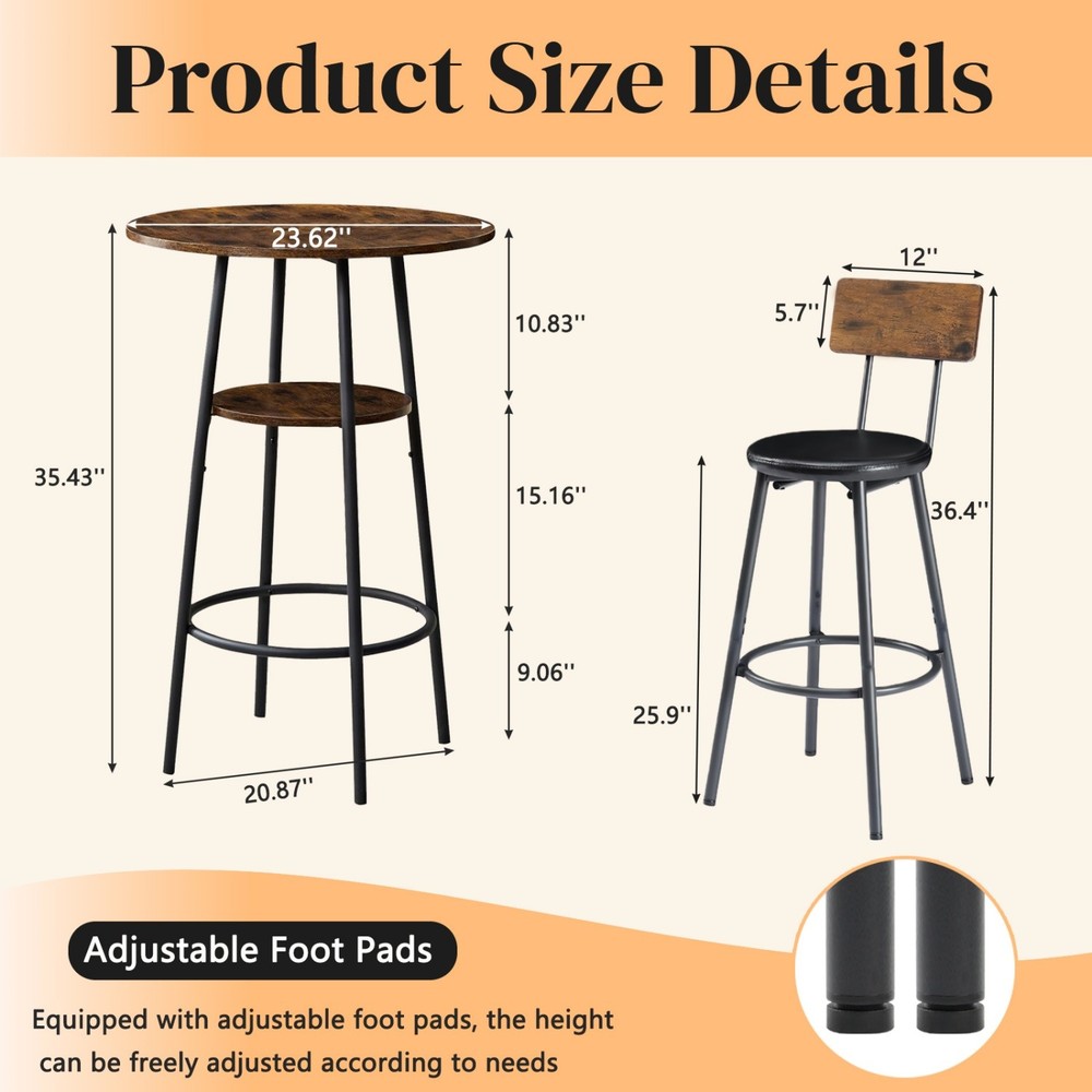 3 Piece Bar Table Set Round Counter Height Table w/ 2 PU Upholstered Bar Stools